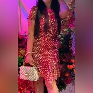 LC Lauren Conrad Red & Gold Ruffle Neck Flutter Sleeve Faux Wrap Dress Size M